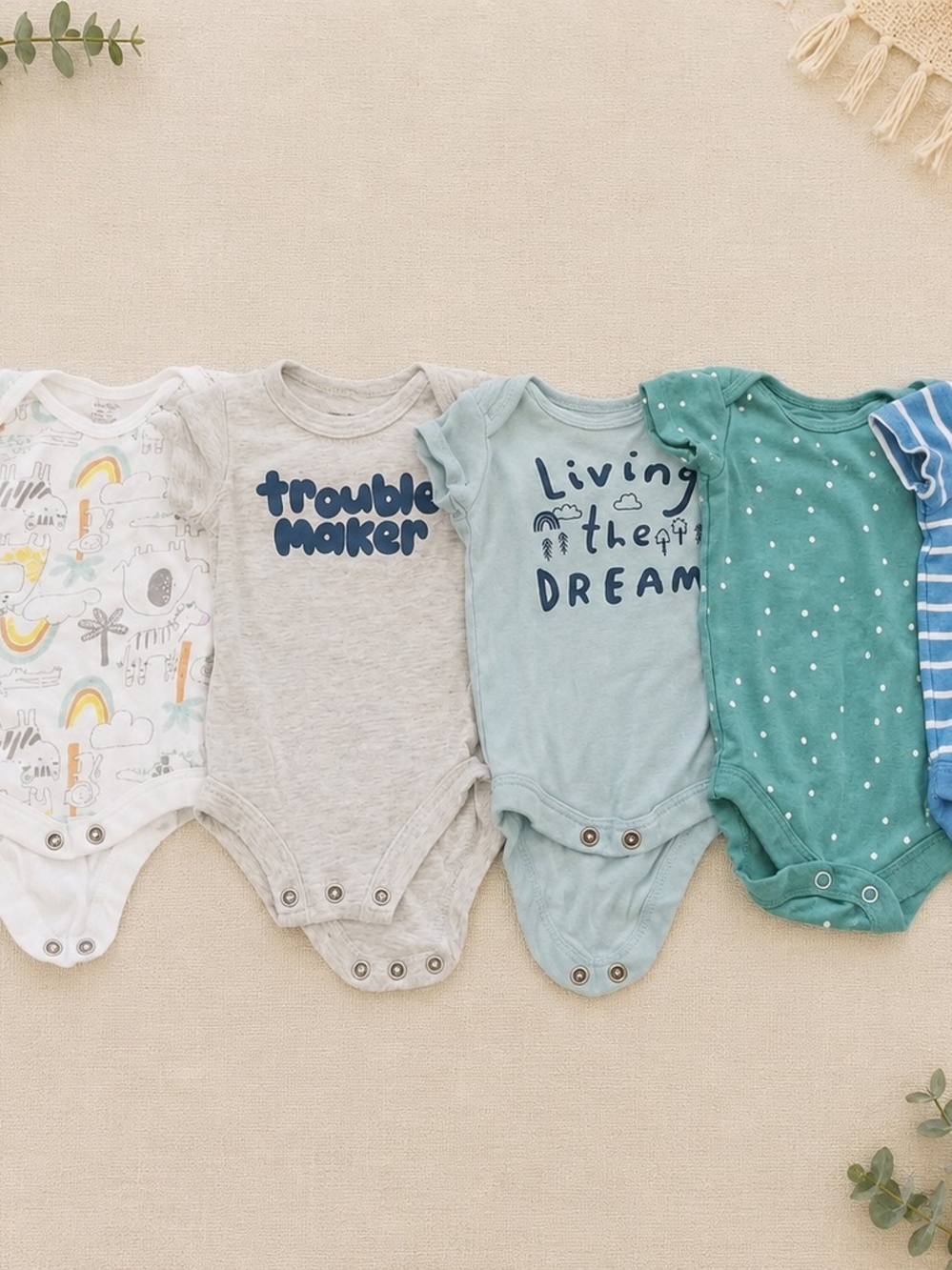 Kids One-Piece Bodysuit Set in Teal, Light Blue, Gray, White